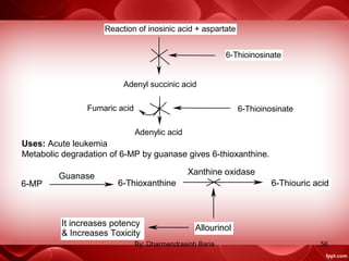 Reaction of inosinic acid + aspartate
Adenyl succinic acid
Adenylic acid
Fumaric acid
6-Thioinosinate
6-Thioinosinate
Uses: Acute leukemia
Metabolic degradation of 6-MP by guanase gives 6-thioxanthine.
6-MP 6-Thioxanthine 6-Thiouric acid
Guanase Xanthine oxidase
Allourinol
It increases potency
& Increases Toxicity
56By: Dharmendrasinh Baria
 