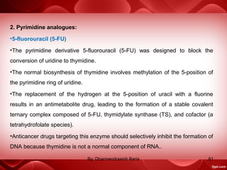 2. Pyrimidine analogues:
•5-fluorouracil (5-FU)
•The pyrimidine derivative 5-fluorouracil (5-FU) was designed to block the
conversion of uridine to thymidine.
•The normal biosynthesis of thymidine involves methylation of the 5-position of
the pyrimidine ring of uridine.
•The replacement of the hydrogen at the 5-position of uracil with a fluorine
results in an antimetabolite drug, leading to the formation of a stable covalent
ternary complex composed of 5-FU, thymidylate synthase (TS), and cofactor (a
tetrahydrofolate species).
•Anticancer drugs targeting this enzyme should selectively inhibit the formation of
DNA because thymidine is not a normal component of RNA..
61By: Dharmendrasinh Baria
 