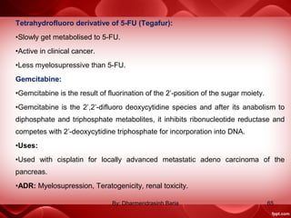 Tetrahydrofluoro derivative of 5-FU (Tegafur):
•Slowly get metabolised to 5-FU.
•Active in clinical cancer.
•Less myelosupressive than 5-FU.
Gemcitabine:
•Gemcitabine is the result of fluorination of the 2’-position of the sugar moiety.
•Gemcitabine is the 2’,2’-difluoro deoxycytidine species and after its anabolism to
diphosphate and triphosphate metabolites, it inhibits ribonucleotide reductase and
competes with 2’-deoxycytidine triphosphate for incorporation into DNA.
•Uses:
•Used with cisplatin for locally advanced metastatic adeno carcinoma of the
pancreas.
•ADR: Myelosupression, Teratogenicity, renal toxicity.
65By: Dharmendrasinh Baria
 