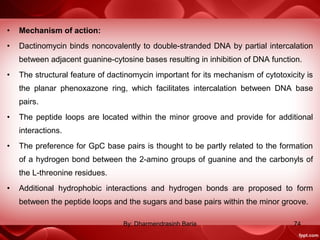 • Mechanism of action:
• Dactinomycin binds noncovalently to double-stranded DNA by partial intercalation
between adjacent guanine-cytosine bases resulting in inhibition of DNA function.
• The structural feature of dactinomycin important for its mechanism of cytotoxicity is
the planar phenoxazone ring, which facilitates intercalation between DNA base
pairs.
• The peptide loops are located within the minor groove and provide for additional
interactions.
• The preference for GpC base pairs is thought to be partly related to the formation
of a hydrogen bond between the 2-amino groups of guanine and the carbonyls of
the L-threonine residues.
• Additional hydrophobic interactions and hydrogen bonds are proposed to form
between the peptide loops and the sugars and base pairs within the minor groove.
74By: Dharmendrasinh Baria
 