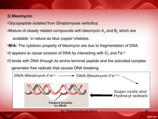 3) Bleomycin:
•Glycopeptide isolated from Streptomyces verticillus.
•Mixture of closely related compounds with bleomycin A2 and B2 which are
available in nature as blue copper chelates.
•M/A: The cytotoxic property of bleomycin are due to fragmentation of DNA.
•It appears to cause scission of DNA by interacting with O2 and Fe+2
•It binds with DNA through its amino terminal peptide and the activated complex
generates free radicals that causes DNA breaking.
80By: Dharmendrasinh Baria
 