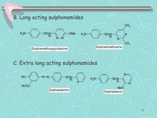 B. Long acting sulphonamides
C. Extra long acting sulphonamides
NH2 SO2N
H
N
N
CH3
CH3
NH2 SO2N
H
N N
OMe
Sulphamethoxypyridazine
Sulphadimethoxine
N SO2N
H
N
NOH
HOOC
NH2 SO2N
H
N
N
MeO
Sulphasalazine
Sulphadiazine
9
 