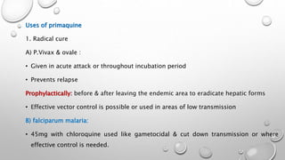 Uses of primaquine
1. Radical cure
A) P.Vivax & ovale :
• Given in acute attack or throughout incubation period
• Prevents relapse
Prophylactically: before & after leaving the endemic area to eradicate hepatic forms
• Effective vector control is possible or used in areas of low transmission
B) falciparum malaria:
• 45mg with chloroquine used like gametocidal & cut down transmission or where
effective control is needed.
 