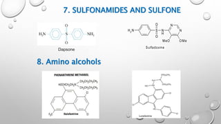 7. SULFONAMIDES AND SULFONE
Dapsone
N
N
NH2 S N
H
O
O
OMeMeO
Sulfadoxine
8. Amino alcohols
 