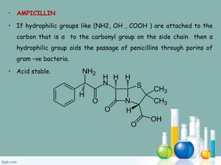 • AMPICILLIN
• If hydrophilic groups like (NH2, OH , COOH ) are attached to the
carbon that is α to the carbonyl group on the side chain then α
hydrophilic group aids the passage of penicillins through porins of
gram –ve bacteria.
• Acid stable.
 
