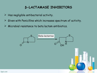 β-LACTAMASE INHIBITORS
 Has negligible antibacterial activity.
 Given with Penicillins which increases spectrum of activity.
 Microbial resistance to beta lactam antibiotics.
S
N
O
N
H
S
OH
O
Beta-lactamse
 