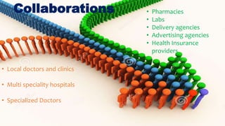 • Local doctors and clinics
• Multi speciality hospitals
• Specialized Doctors
• Pharmacies
• Labs
• Delivery agencies
• Advertising agencies
• Health Insurance
providers
Collaborations
 