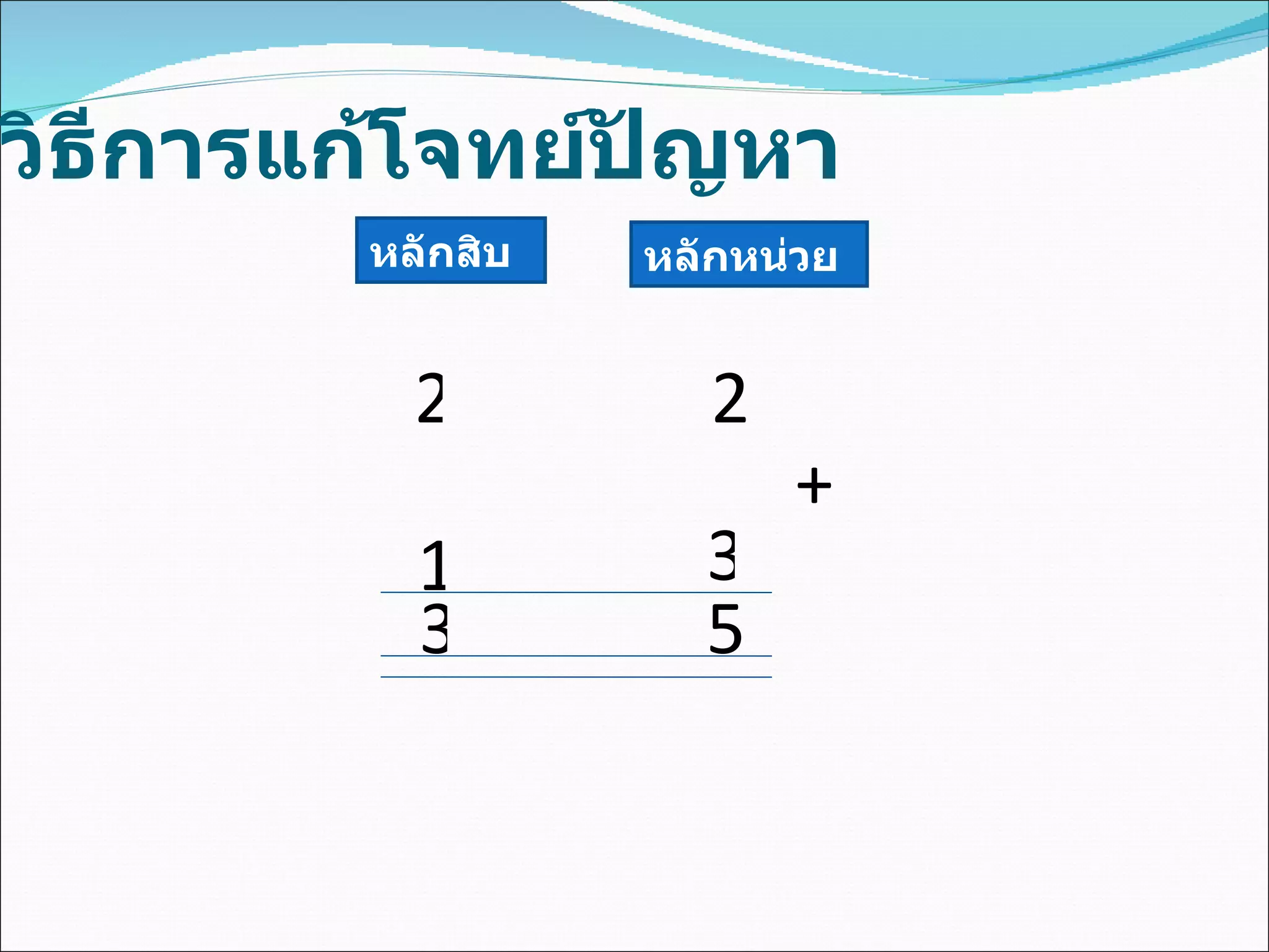 วิธีการแก้โจทย์ปัญหา หลักสิบ หลักหน่วย 2 2 + 3 3 5 1 