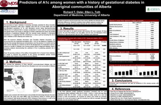 Predictors of A1c among women with a history of gestational diabetes in
Aboriginal communities of Alberta
Richard T. Oster, Ellen L. Toth
Department of Medicine, University of Alberta
Canadian Aboriginal Issues
Database, www.ualberta.ca/
~walld/map.html
Aboriginal Affairs and
Northern Development
Canada, www.ainc-
inac.gc.ca
1. Background
The prevalence of type 2 diabetes is increasing, seemingly unabated (1). Many Canadian
Aboriginal populations suffer type 2 diabetes rates that are 2-5 times higher than the
non-Aboriginal population (2, 3), with Aboriginal women being disproportionately
affected (4). It is believed that a complex combination of social, cultural, environmental
and genetic factors are at play. In attempts to further understand the causes, the possible
contribution of gestational diabetes (GD) has received recent attention. In Aboriginal
populations, it is suggested that GD contributes to a vicious cycle by increasing the risk of
type 2 diabetes in both offspring and mothers (5).
Both the American Diabetes Association and Canadian Diabetes Association now
recommend the use of glycated hemoglobin (A1c) ≥ 6.5% for the diagnosis of diabetes. A1c
indicates the average blood glucose concentrations over the previous 2-3 months and has
been used for decades as a measure of risk for the development of complications and as a
measure of quality of diabetes care. Among people without diagnosed diabetes, there is
increasing evidence demonstrating the usefulness of A1c in predicting potential risk of
diabetes (6).
Given the growing evidence of the ability of hemoglobin A1c to forecast future diabetes,
we sought to examine the predictors of A1c among non-diabetic women (mostly
Aboriginal) with a history of GD in the province of Alberta.
2. Methods
We accessed the databases of three separate community-based diabetes and risk
screening projects. Subjects self-referred from Aboriginal and rural communities in Alberta.
Subjects were screened with clinical exams and portable lab technology between the years
2003-2011. A1c, body mass index (BMI), waist circumference, fasting or random glucose,
total cholesterol, high-density lipoprotein (HDL) cholesterol, blood pressure, as well as the
presence of metabolic syndrome and family history of diabetes was assessed.
K
3. Results
A total of 184 adult (≥ 20 years) women with previous GD were screened. Of these
women, 114 were First Nations, 40 were Métis, and 30 were non-Aboriginal. Ethnic
differences in age and percent with low HDL cholesterol were observed.
In the final adjusted model, significant associations remained only for waist
circumference (beta coefficient 0.018; 95% CI 0.007 - 0.031; p = 0.02) and age (beta
coefficient 0.018; 95% CI 0.010 - 0.026; p <0.001). In other words, for a one unit
increase in waist circumference, A1c increases by 0.018 in the model (on average).
Likewise, for a one unit increase in age, A1c increases by 0.018 (on average). Aboriginal
ethnicity was not associated with A1c.
Non-Aboriginal
(N=30)
First Nations
(N=114)
Métis
(N=40)
P-value*
age 47.8 ± 11.78 37.7 ± 10.03 37.5 ± 9.36 <0.001
A1c 5.5 ± 0.49 5.4 ± 0.58 5.6 ± 0.94 0.32
% with undiagnosed
diabetes
3.3%
(0.08-17.22)
5.3%
(1.96-11.10)
12.5%
(4.19-26.80)
0.21
% with hypertension 24.1%
(10.30-43.54)
18.4%
(7.74-34.33)
11.1%
(3.11-26.06)
0.38
% overweight or obese 82.1%
(63.11-93.94)
88.1%
(80.47-93.49)
82.1%
(66.47-92.47)
0.53
% with high waist
circumference
75.9%
(56.46-89.70)
88.6%
(80.89-93.95)
79.0%
(62.68-90.45)
0.13
% with
hypertriglyceridemia
86.7%
(69.28-96.24)
83.3%
(74.94 – 89.81)
81.2%
(65.67-92.26)
0.85
% with low HDL 3.6%
(0.09-18.35)
21.9%
(13.08-33.14)
17.1%
(6.56-33.65)
0.04
% with high total
cholesterol : HDL ratio
3.6%
(0.09-18.35)
15.2%
(7.22-26.99)
17.4%
(6.56-33.65)
0.21
% with metabolic
syndrome
16.7%
(5.64-34.72)
25.4%
(17.75-34.45)
17.5%
(7.34-32.78)
0.42
% with family diabetes
history
71.4%
(51.33-86.78)
68.9%
(59.06-77.69)
86.1%
(70.50-95.33)
0.13
% with sibling diabetes
history
26.7%
(12.28-45.89)
26.3%
(18.51-35.39)
17.5%
(7.34-32.79)
0.51
Characteristics of women with a history of GD. Values are means ± SD or
prevalence (95% CI).
* p-values are for overall differences calculated using ANOVA or Chi-square as appropriate
Beta coefficient P-value
Systolic blood pressure 0.78 0.44
Diastolic blood pressure -0.65 0.52
BMI -0.68 0.49
Waist circumference 2.12 0.03
HDL -0.25 0.80
Total cholesterol 0.35 0.73
Total cholesterol : HDL ratio 0.29 0.77
Age 2.06 0.04
Family history of diabetes 0.38 0.71
Sibling history of diabetes 0.91 0.36
Metabolic syndrome 1.54 0.13
First Nations ethnicity -1.00 0.32
Métis ethnicity 0.54 0.54
Results of simple linear regression analysis (univariate)
Beta coefficient p-value
Waist circumference 0.02 0.02
Age 0.02 <0.001
BMI* -0.01 0.29
Results of final regression model
* BMI was kept in the model as it was a confounder
3. Conclusions
Increasing waist circumference and age are predictive of A1c among women with
previous GD.
Analysis of variance and chi-square tests were used to identify any between group
(ethnicity) differences. Statistical modeling using multiple regression analysis was
conducted to quantify the relationships between A1c and measured variables.
20-29 30-39 40-49 50-59 > 60
4
4.5
5
5.5
6
6.5
7
7.5
Age group
A1c(%)
< 84.9 85-99.9 100-114.9 115-129.9 >130
4
4.5
5
5.5
6
6.5
7
7.5
Waist circumferencegroup
A1c(%)
Average A1c by age group and waist circumference group
4. References
1. Shaw JE et al. Diabetes Res Clin Pract. 2010;87(1):4-14.
2. Young TK et al. CMAJ. 2000;163(5):561-6.
3. King M et al. Lancet. 2009;374(9683):76-85.
4. Dyck R et al. CMAJ. 2010;182(3):249-56.
5. Osgood ND et al. Am J Public Health. 2011;101(1):173-9.
6. Abdul-Ghani MA et al. J Clin Endocrinol Metab. 2011;96(8):2596-600.
h
 