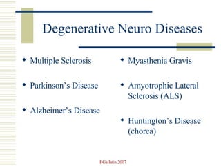 Degenerative Neuro Diseases Multiple Sclerosis Parkinson’s Disease Alzheimer’s Disease Myasthenia Gravis Amyotrophic Lateral Sclerosis (ALS) Huntington’s Disease (chorea) 