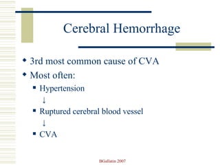Cerebral Hemorrhage 3rd most common cause of CVA Most often: Hypertension ↓ Ruptured cerebral blood vessel ↓ CVA 