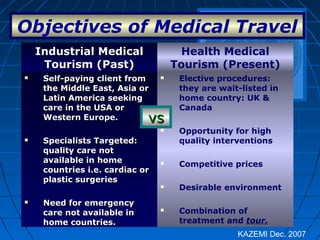 Objectives of Medical Travel
Industrial MedicalIndustrial Medical
Tourism (Past)Tourism (Past)
Health Medical
Tourism (Present)
 Self-paying client fromSelf-paying client from
the Middle East, Asia orthe Middle East, Asia or
Latin America seekingLatin America seeking
care in the USA orcare in the USA or
Western Europe.Western Europe.
 Specialists Targeted:Specialists Targeted:
quality care notquality care not
available in homeavailable in home
countries i.e. cardiac orcountries i.e. cardiac or
plastic surgeriesplastic surgeries
 Need for emergencyNeed for emergency
care not available incare not available in
home countries.home countries.
 Elective procedures:
they are wait-listed in
home country: UK &
Canada
 Opportunity for high
quality interventions
 Competitive prices
 Desirable environment
 Combination of
treatment and tour.
KAZEMI Dec. 2007
vsvs
 