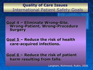Goal 4Goal 4 – Eliminate Wrong-Site,– Eliminate Wrong-Site,
Wrong-Patient, Wrong-ProcedureWrong-Patient, Wrong-Procedure
SurgerySurgery
Goal 5Goal 5 – Reduce the risk of health– Reduce the risk of health
care-acquired infections.care-acquired infections.
Goal 6Goal 6 – Reduce the risk of patient– Reduce the risk of patient
harm resulting from falls.harm resulting from falls.
Quality of Care Issues
International Patient Safety Goals
Langham, Richmond, Rubin, 2006
 