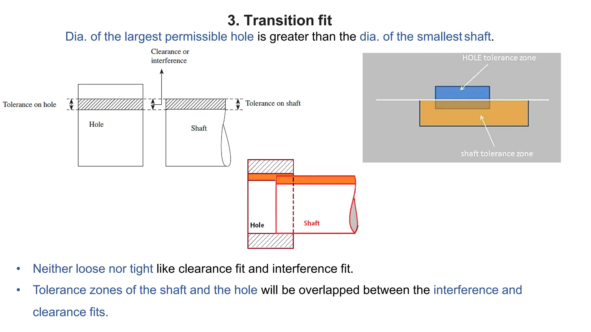 3. Transition fit
Dia. of the largest permissible hole is greater than the dia. of the smallest shaft.
• Neither loose nor tight like clearance fit and interference fit.
• Tolerance zones of the shaft and the hole will be overlapped between the interference and
clearance fits.
 