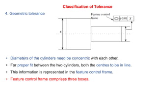 4. Geometric tolerance
Classification of Tolerance
• Diameters of the cylinders need be concentric with each other.
• For proper fit between the two cylinders, both the centres to be in line.
• This information is represented in the feature control frame.
• Feature control frame comprises three boxes.
 