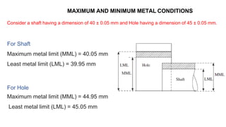MAXIMUM AND MINIMUM METAL CONDITIONS
Consider a shaft having a dimension of 40 ± 0.05 mm and Hole having a dimension of 45 ± 0.05 mm.
For Shaft
Maximum metal limit (MML) = 40.05 mm
Least metal limit (LML) = 39.95 mm
For Hole
Maximum metal limit (MML) = 44.95 mm
Least metal limit (LML) = 45.05 mm
 