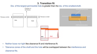 3. Transition fit
Dia. of the largest permissible hole is greater than the dia. of the smallest shaft.
• Neither loose nor tight like clearance fit and interference fit.
• Tolerance zones of the shaft and the hole will be overlapped between the interference and
clearance fits.
 