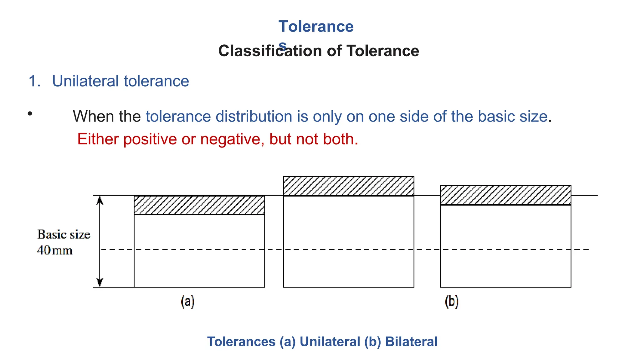 Tolerance
s
Classification of Tolerance
1. Unilateral tolerance
• When the tolerance distribution is only on one side of the basic size.
Either positive or negative, but not both.
Tolerances (a) Unilateral (b) Bilateral
 