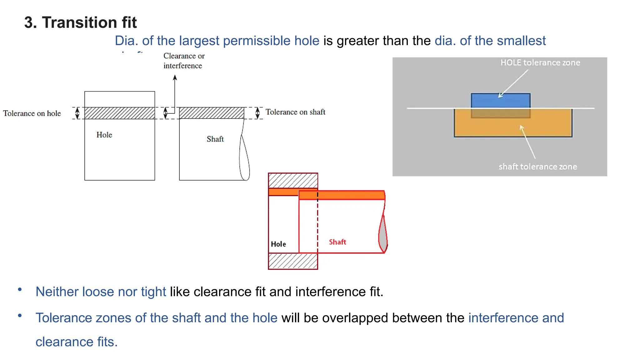 3. Transition fit
Dia. of the largest permissible hole is greater than the dia. of the smallest
shaft.
• Neither loose nor tight like clearance fit and interference fit.
• Tolerance zones of the shaft and the hole will be overlapped between the interference and
clearance fits.
 