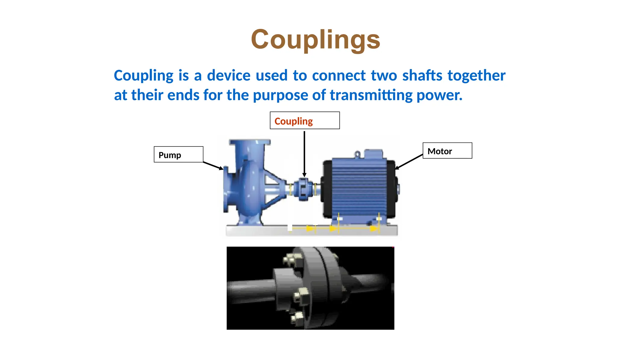 Couplings
Coupling is a device used to connect two shafts together
at their ends for the purpose of transmitting power.
Motor
Coupling
Pump
 