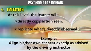 directly copy action seen.
At this level, the learner will:
replicate what’s directly observed.
Example:
Align his/her own car seat exactly as advised
by the driving instructor
 