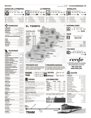 VIERNES
Servicios                                                                                                                                                              26 DE AGOSTO DEL 2011
                                                                                                                                                                                                          el Periódico Mediterráneo                        61

GORDO DE LA PRIMITIVA                                                                                            LA PRIMITIVA                                                                       BONOLOTO
              SORTEO 21 DE AGOSTO DEL 2011                                      SORTEO 25 DE AGOSTO DEL 2011                                         SORTEO 20 DE AGOSTO DEL 2011                                SORTEO 24 DE AGOSTO DE 2011
               5 6 21 26 37                                                     10 23 28 35 38 39                                                    7 19 24 39 46 47                                            14 15 27 31 34 42
                             NÚMERO CLAVE: REINTEGRO       1                    COMPLEMENTARIO          25      REINTEGRO   2                        COMPLEMENTARIO    3        REINTEGRO    8                   COMPLEMENTARIO   7            REINTEGRO   5

5+1    0 ACERTANTES                                     BOTE       6      1 ACERTANTE                     2.498.481,65 EUROS        6        1 ACERTANTE                   2.251.757,59 EUROS       6     0 ACERTANTES                                BOTE
5+0    1 ACERTANTE                      230.889,10 EUROS           5+C    5 ACERTANTES                       76.876,36 EUROS        5+C      6 ACERTANTES                    57.737,37 EUROS        5+C   3 ACERTANTES                   59.168,14 EUROS
4+1    30 ACERTANTES                       1.399,33 EUROS          5      151 ACERTANTES                      5.091,15 EUROS        5        219 ACERTANTES                   3.163,69 EUROS        5     68 ACERTANTES                   1.305,18 EUROS
4+0    264 ACERTANTES                        185,52 EUROS          4      10.203 ACERTANTES                    113,02 EUROS         4        12.495 ACERTANTES                      83,18 EUROS     4     4.190 ACERTANTES                     33,54 EUROS
3+1    1.281 ACERTANTES                        43,69 EUROS         3      214.452 ACERTANTES                     8,00 EUROS         3        234.912 ACERTANTES                     8,00 EUROS      3     78.916 ACERTANTES                     4,00 EUROS




           FARMACIAS                                               EL TIEMPO                                                                                                                        EUROMILLONES
ALMASSORA                                  Av. Castellón, 24.                                                                                                                                                         SORTEO 23 DE AGOSTO DE 2011
BENICARLÓ                      C/ Mosen Lajunta, 37 esc. A.                                                                                                                                                       4 6 14 42 50
BENICÀSSIM                                  C/ Ilustración, 4.
BURRIANA                                    C/ Progreso, 17.       CASTELLÓN                                                                                                                                                      ESTRELLAS     2 4
CASTELLÓN                             C/ Maestro Ripollés, 5;
                                                                   MÁXIMA                34º C
      Av. Chatellerault, 7; Gran Vía Tárrega Monteblanco, 17.
                                                                   MÍNIMA                21º C                                                                                                      ONCE
GRAO CS       De 9 a 23.30 h.: C/ San Pedro, 35.
ZONA MONTANEJOS (MONTANEJOS)                                        OTROS PUEBLOS         MÁX. MÍN.                                                                                                                   SORTEO 25 DE AGOSTO DE 2011
                                                                    BENICARLÓ             33º     22º

NULES
                                              Cr. Valencia, 7.
                                             Av. Diagonal, 4.
                                                                    BURRIANA
                                                                    L’ALCORA
                                                                                          34º
                                                                                          31º
                                                                                                  21º
                                                                                                  20º                                                                                                                     92310
                                                                    LA VALL D’UIXÓ        32º     21º
ONDA                                        C/ P Barri, 10.
                                                .S.
                                                                    MONTANEJOS            29º     17º
ORPESA                                   Av. de la Plana, 89.       MORELLA               28º     17º                                                                                               MIÉRCOLES, 24                                95522
PEÑÍSCOLA                                  Av. de la Mar, 26.       ONDA                  32º     21º
                                                                                                                                                                                                    MARTES, 23                                   40439
                                                                    SEGORBE               31º     20º
VALL D’UIXÓ                                Pz. del Centro, 2.
                                                                    VILAFRANCA            26º     16º                                                                                               LUNES, 22                                    64130
VILA-REAL                                   C/ Calvario, 171.       VILA-REAL             34º     21º                                                                                               DOMINGO, 21                          83153 serie 048
VINARÒS                                  Al. de la Libertad, 9.                                                                                                                                     SÁBADO, 20                           25068 serie 016


                                                                                                                                                                                                    7/39 ONCE
           TELÉFONOS                                                                                                                                                                                                  SORTEO 25 DE AGOSTO DE 2011

EMERGENCIAS                                               112                                                                                                                                                8 10 17 20 22 31 35
BOMBEROS                                        964 221 080                                                                                                                                                                                    REINTEGRO   8
GUARDIA CIVIL                                             062
POLICÍA                                                   091
POLICÍA NACIONAL (COMISARÍA)                    964 469 500
HOSPITAL GENERAL                                964 726 500
HOSPITAL PROVINCIAL                             964 359 700
HOSPITAL LA PLANA VILA-REAL                     964 357 600
HOSPITAL VINARÒS                                964 477 000
POLICÍA LOCAL CASTELLÓN                                   092
AYUNTAMIENTO                                    964 355 100
                                                                   PREVISIÓN HOY                                                   PREVISIÓN MAÑANA
CENTRO MUJER 24 HORAS                           900 580 888
                                                                   Cielos poco nubosos. Temperaturas mínimas sin                   Poco nuboso en el norte. En el resto, poco nubo-
DEPÓSITO MUN. VEHÍCULOS                         964 251 667
                                                                   cambios y máximas en ligero descenso en el in-                  so aumentando a intervalos nubosos a partir de
DIPUTACIÓN                                      964 359 600
                                                                   terior y moderado ascenso en el litoral.                        la tarde. Temperaturas en ligero descenso.
INFORMACIÓN GENERALITAT                         964 358 000
PROTECCIÓN CIVIL                                964 759 000
CENTRO TRANSFUSIÓN CS                           964 374 800
                                                                                                    964 22 74 74                        SUT@XI
CRUZ ROJA ESPAÑOLA                              964 222 222       RADIO                                                                                                964 101 101                              CULTOS
L’ALCORA                                                                                            964 23 74 74
Ayuntamiento                                    964 360 002       TAXI                              964 25 46 46                        ACtaxis                        964 102 424                  CASTELLÓN
                                                                                                                                                                                                    Concatedral                      9.00, 11.00, 20.00 h.
Urgencias                                       964 360 952
                                                                                                                                                                                                    Iglesia San Agustín             10.30, 17.30, 19.30 h.
ALMASSORA                                                                                                                                                                                                                            8.30, 10.00, 20.00 h.
                                                                                                                                                                                                    Sagrada Familia
Ayuntamiento                                    964 560 001
                                                                           TRENES                                                  LOS EMBALSES                                                     San Vicente Ferrer                      11.00, 19.00 h.
Urgencias                                       964 560 100                                                                                                                                         Santísima Trinidad                      10.00, 20.00 h.
                                                                                                                                   EMBALSE                 CAPACIDAD    EMBALSADA         % TOTAL
BENICARLÓ                                                         CASTELLÓN-VALENCIA                                                                                                                San Francisco                           10.00, 19.30 h.
Ayuntamiento                                    964 470 050       Lunes a viernes a las 5.55, 6.15, 7.02, 7.32, 7.47 y de 8.20 a     REGAJO                     6,0          2,72         45,25     Santo Tomás                              9.30, 19.00 h.
Urgencias                                       964 474 505       22.30 cada media hora. Civis: 6.45, 7.17, 8.05, 14.15, 15.15,      ALCORA                     2,2          1,42         64,33     San José Obrero                          9.00, 19.00 h.
BENICÀSSIM                                                        18.20 y 19.15. Sábados, domingos y festivos de 7.30 a 22.30        ARENÓS                   136,9         53,85         39,33     Basílica Lledó                                17.00 h.
                                                                  cada hora; Sábados a las 6.15 y 13.50.                                                                     0,90          4,87     Parroquia del Carmen                    10.00, 19.30 h.
Ayuntamiento                                    964 300 962                                                                          Mª CRISTINA               18,4
                                                                                                                                                                                                    Ntra. Sra. de la Esperanza                     18.30 h.
Urgencias                                       964 301 851       CASTELLÓN-ALICANTE                                                 SITJAR                    49,3         34,82         70,64
                                                                                                                                                                                                    San Cristóbal                            9.30, 19.00 h.
BURRIANA                                                          Euromed: 9.15 (excepto domingos), 12.15, 18.12 y 20.13.            ULLDECONA                 11,0          5,48         49,84
                                                                                                                                                                                                    Iglesia El Buen Pastor                 Jueves 19.30 h.
Ayuntamiento                                    964 510 062       Talgo: 14.27, 17.27 y 19.41.                                       ONDA                       1,0          0,44        43,646
                                                                                                                                                                                                    Iglesia Evangelista Bautista           Jueves 17.00 h.
Urgencias                                       964 516 567       Alaris: 13.38 (excepto domingos).                                                                          DATOS EN HM3.          Iglesia Evangelista Pentecostal19.00, 19.30 (miércoles)
MORELLA Ayuntamiento                            964 160 034       CASTELLÓN-BARCELONA
NULES                                                             Euromed: 7.17 (excepto domingos), 9.18, 11.44, 15.46 (ex-        Resumen de porcentaje de embalsado en la provin-                 VILA-REAL
Ayuntamiento                                    964 670 001       cepto sábados), 16.47 (excepto sábados), 18.45 y 20.16.          cia de Castellón. Palancia, Mijares, Cenia y otros.              Residencia de ancianos             8.30, 10.30, 11.30 h.
Urgencias                                       964 672 213       Talgo: 10.43, 13.52, 18.03 y 21.20 (domingos).                                                                                    Arciprestal San Jaime                     9.30, 19.30 h.
ONDA                                                              Arco: 17.44                                                              0%                   50%                   100%          Santos Evangelistas                             19.00 h.
                                                                  Regional Exprés: 11.32, 17.59.
Ayuntamiento                                    964 600 050                                                                            w                                                            Santa Sofía                                     19.00 h.
                                                                  Alaris: 14.51, 20.48.                                                                                                             Santa Isabel                                    19.00 h.
OROPESA Ayuntamiento                            964 310 100
SEGORBE                                                           CASTELLÓN-MADRID                                                    44,30%                                                        San Francisco
                                                                                                                                                                                                    San Pascual
                                                                                                                                                                                                                                              9.00, 19.30 h.
                                                                                                                                                                                                                                                    19.00 h.
Ayuntamiento                                    964 132 020       Alvia: 7.30 y 17.30.                                                                                                              Padres Carmelitas                         8.00, 19.30 h.
Urgencias                                       964 713 501
LA VALL D’UIXÓ
                                                                                                      E
                                                                                                    NF




                                                                                                                                                at
                                                                                                                                              yn
                                                                                                  RE




                                                                                                                                            Ba




Ayuntamiento                                    964 690 952       PASEO
                                                                                              iet




                                                                                                                                         os
                                                                                            Ol




Urgencias                                       964 691 155
                                                                                                                                       .S




                                                                  MORELLA
                                                                                         or




                                                                                                                                     da
                                                                                       nt




                                                                                                                                   Av
                                                                                     Pi




VILA-REAL
Ayuntamiento                                    964 547 000
                                                                                                              Pa nive EC




Comisaría policía                               964 522 100
                                                                                                               U




                                                                                                                                                            UJI-ÁGORA
                                                                                                                se rsit
                                                                                                                  o at
                                                                                                                   RI




                                                                    TRAM
                                                                                                                     U




VINARÒS
                                                                                                                       S




Ayuntamiento                                    964 407 700
 