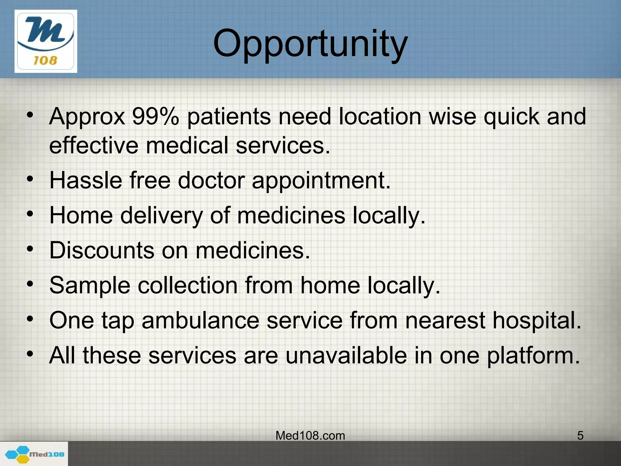 Designed by New Haircut
page
Second Highlight
First of its kind self
updating hyper local blood
donor list
6
06. Unique Features of Med108
First Highlight
We have created UBER
for Ambulances through
our 108 SOS service
Mobile Version
Med108
 