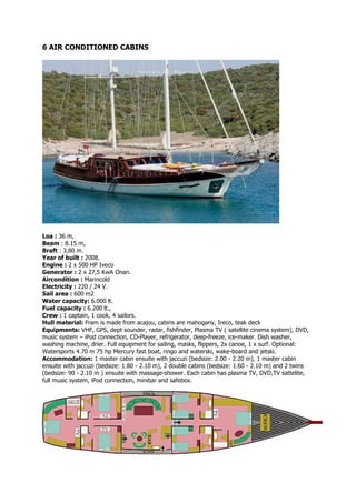 6 AIR CONDITIONED CABINS




Loa : 36 m,
Beam : 8.15 m,
Braft : 3,80 m.
Year of built : 2008.
Engine : 2 x 500 HP Iveco
Generator : 2 x 27,5 KwA Onan.
Aircondition : Marincold
Electricity : 220 / 24 V.
Sail area : 600 m2
Water capacity: 6.000 lt.
Fuel capacity : 6.200 lt.,
Crew : 1 captain, 1 cook, 4 sailors.
Hull material: Fram is made from acajou, cabins are mahogany, Ireco, teak deck
Equipments: VHF, GPS, dept sounder, radar, fishfinder, Plasma TV ( satellite cinema system), DVD,
music system – iPod connection, CD-Player, refrigerator, deep-freeze, ice-maker. Dish washer,
washing machine, drier. Full equipment for sailing, masks, flippers, 2x canoe, 1 x surf. Optional:
Watersports 4.70 m 75 hp Mercury fast boat, ringo and waterski, wake-board and jetski.
Accommodation: 1 master cabin ensuite with jaccuzi (bedsize: 2.00 - 2.20 m), 1 master cabin
ensuite with jaccuzi (bedsize: 1.80 - 2.10 m), 2 double cabins (bedsize: 1.60 - 2.10 m) and 2 twins
(bedsize: 90 - 2.10 m ) ensuite with massage-shower. Each cabin has plasma TV, DVD,TV sattelite,
full music system, iPod connection, minibar and safebox.
 