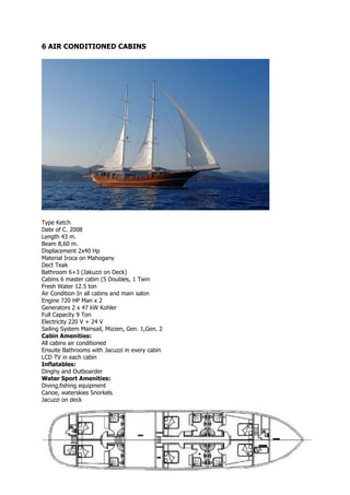 6 AIR CONDITIONED CABINS




Type Ketch
Date of C. 2008
Length 43 m.
Beam 8,60 m.
Displacement 2x40 Hp
Material Iroca on Mahogany
Dect Teak
Bathroom 6+3 (Jakuzzi on Deck)
Cabins 6 master cabin (5 Doubles, 1 Twin
Fresh Water 12.5 ton
Air Condition In all cabins and main salon
Engine 720 HP Man x 2
Generators 2 x 47 kW Kohler
Full Capacity 9 Ton
Electricity 220 V + 24 V
Sailing System Mainsail, Mizzen, Gen. 1,Gen. 2
Cabin Amenities:
All cabins air conditioned
Ensuite Bathrooms with Jacuzzi in every cabin
LCD TV in each cabin
Inflatables:
Dinghy and Outboarder
Water Sport Amenities:
Diving,fishing equipment
Canoe, waterskies Snorkels
Jacuzzi on deck
 