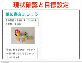 現状確認と目標設定
紙に書きましょう
今の気持ちを表わす、シンボル
や言葉、気持ち
今日、何を学びたいですか？
一日の終わりにどうなってい
たいですか？
13年4月26日金曜日
 