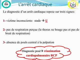 L’arrêt cardiaque
Le diagnostic d’un arrêt cardiaque repose sur trois signes:
1- victime inconsciente: stade  U
2- pas de respiration perçue (le thorax ne bouge pas et pas de
bruit de respiration)
3- absence de pouls central à la palpation
Diagnostic posé réanimation
cardiopulmonaire RCP
 