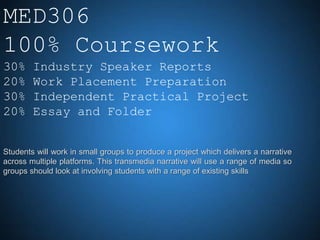 MED306
100% Coursework
30%     Industry Speaker Reports
20%     Work Placement Preparation
30%     Independent Practical Project
20%     Essay and Folder


Students will work in small groups to produce a project which delivers a narrative
across multiple platforms. This transmedia narrative will use a range of media so
groups should look at involving students with a range of existing skills
 