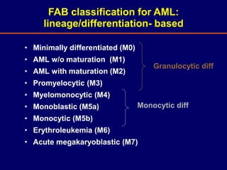 • Minimally differentiated (M0)
• AML w/o maturation (M1)
• AML with maturation (M2)
• Promyelocytic (M3)
• Myelomonocytic (M4)
• Monoblastic (M5a)
• Monocytic (M5b)
• Erythroleukemia (M6)
• Acute megakaryoblastic (M7)
FAB classification for AML:
lineage/differentiation- based
Granulocytic diff
Monocytic diff
 