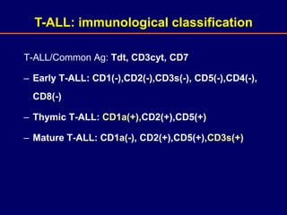 T-ALL/Common Ag: Tdt, CD3cyt, CD7
– Early T-ALL: CD1(-),CD2(-),CD3s(-), CD5(-),CD4(-),
CD8(-)
– Thymic T-ALL: CD1a(+),CD2(+),CD5(+)
– Mature T-ALL: CD1a(-), CD2(+),CD5(+),CD3s(+)
T-ALL: immunological classification
 