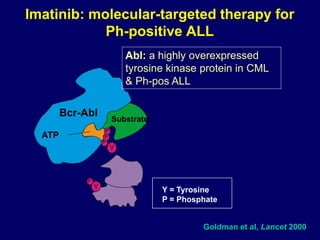 Imatinib: molecular-targeted therapy for
Ph-positive ALL
Goldman et al, Lancet 2000
Y = Tyrosine
P = Phosphate
Bcr-Abl
ATP
Substrate
P
P
P
P
Abl: a highly overexpressed
tyrosine kinase protein in CML
& Ph-pos ALL
 
