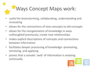 Ways Concept Maps work:
• useful for brainstorming, collaborating, understanding and
innovating
• allows for the connections of new concepts to old concepts
• allows for the reorganization of knowledge in ways
unthoughtof previously; create new relationships
• makes explicit descriptions of concepts and connections
between information
• facilitates deeper processing of knowledge--promoting,
retrieving, and applying
• proves that a sematic ‘web’ of information is evolving
continually
 