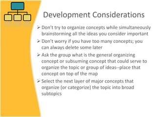 Development Considerations
Don’t try to organize concepts while simultaneously
brainstorming all the ideas you consider important
Don’t worry if you have too many concepts; you
can always delete some later
Ask the group what is the general organizing
concept or subsuming concept that could serve to
organize the topic or group of ideas--place that
concept on top of the map
Select the next layer of major concepts that
organize (or categorize) the topic into broad
subtopics
 