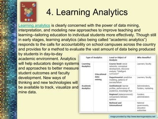 4. Learning Analytics
Learning analytics is clearly concerned with the power of data mining,
interpretation, and modeling new approaches to improve teaching and
learning--tailoring education to individual students more effectively. Though still
in early stages, learning analytics (also being called “academic analytics”)
responds to the calls for accountability on school campuses across the country
and provides for a method to evaluate the vast amount of data being produced
by students in day-to-day
academic environment. Analytics
will help educators design systems
and approaches to better measure
student outcomes and faculty
development. New ways of
thinking and new technologies will
be available to track, visualize and
mine data.




                                                       image provided by http://www.learninganalytics.net/
 