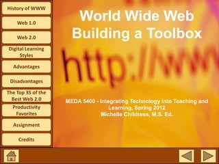 History of WWW

    Web 1.0
                       World Wide Web
    Web 2.0           Building a Toolbox
Digital Learning
     Styles

  Advantages

 Disadvantages

The Top 35 of the
  Best Web 2.0      MEDA 5400 - Integrating Technology into Teaching and
  Productivity                      Learning, Spring 2012
    Favorites                   Michelle Childress, M.S. Ed.
  Assignment

     Credits
 