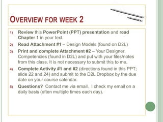 OVERVIEW FOR WEEK 2
1)   Review this PowerPoint (PPT) presentation and read
     Chapter 1 in your text.
2)   Read Attachment #1 – Design Models (found on D2L)
3)   Print and complete Attachment #2 – Your Designer
     Competencies (found in D2L) and put with your files/notes
     from this class. It is not necessary to submit this to me.
4)   Complete Activity #1 and #2 (directions found in this PPT;
     slide 22 and 24) and submit to the D2L Dropbox by the due
     date on your course calendar.
5)   Questions? Contact me via email. I check my email on a
     daily basis (often multiple times each day).
 