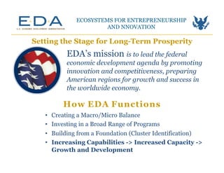 EDA’s mission is to lead the federal
economic development agenda by promoting
innovation and competitiveness, preparing
American regions for growth and success in
the worldwide economy.
How EDA Functions
Setting the Stage for Long-Term Prosperity
•  Creating a Macro/Micro Balance
•  Investing in a Broad Range of Programs
•  Building from a Foundation (Cluster Identification)
•  Increasing Capabilities -> Increased Capacity ->
Growth and Development
ECOSYSTEMS FOR ENTREPRENEURSHIP
AND NNOVATION	
  
 