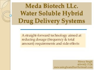 Meda Biotech LLc.
Water Soluble Hybrid
Drug Delivery Systems

 A straight-forward technology aimed at
 reducing dosage (frequency & total
 amount) requirements and side effects




                                     Mewa Singh
                                     609-902-7128
                     mewasinghsandhu@hotmail.com
 
