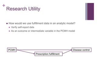 +
Research Utility
 How would we use fulfillment data in an analytic model?
 Verify self-report data
 As an outcome or intermediate variable in the PCMH model
PCMH
Prescription fulfillment
Disease control
 