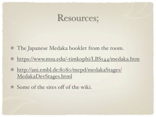 Resources;

The Japanese Medaka booklet from the room.
https://www.msu.edu/~timkophi/LBS144/medaka.htm
http://ani.embl.de:8080/mepd/medakaStages/
MedakaDevStages.html
Some of the sites oﬀ of the wiki.
 
