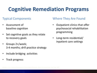Cognitive Remediation Programs
Typical Components                                                                            Where They Are Found
• Assessment of                                                                               • Outpatient clinics that offer
  baseline cognition                                                                            psychosocial rehabilitation
                                                                                                programming
• Set cognitive goals as they relate
  to recovery goals                                                                           • Long-term residential/
                                                                                                inpatient care settings
• Groups 2+/week;
  3-4 months; drill practice strategy

• Include bridging activities

• Track progress

Medalia A, et al. Cognitive Remediation in Psychological Disorders. Oxford University Press: New York; 2009.
 