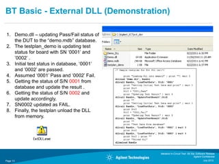 BT Basic - External DLL (Demonstration)

1. Demo.dll – updating Pass/Fail status of
   the DUT to the “demo.mdb” database.
2. The testplan_demo is updating test
   status for board with SN „0001‟ and
   ‟0002‟ .
3. Initial test status in database, „0001‟
   and „0002‟ are passed.
4. Assumed „0001‟ Pass and „0002‟ Fail.
5. Getting the status of S/N 0001 from
   database and update the result .
6. Getting the status of S/N 0002 and
   update accordingly.
7. SN0002 updated as FAIL.
8. Finally, the testplan unload the DLL
   from memory.




                                             Medalist In-Circuit Test 08.30p Software Release
                                                                           Agilent Confidential
Page 13                                                                             July 2012
 