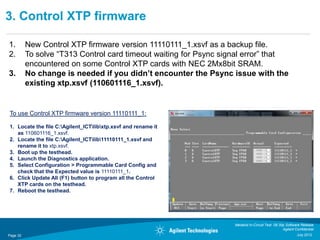 3. Control XTP firmware

1.        New Control XTP firmware version 11110111_1.xsvf as a backup file.
2.        To solve “T313 Control card timeout waiting for Psync signal error” that
          encountered on some Control XTP cards with NEC 2Mx8bit SRAM.
3.        No change is needed if you didn’t encounter the Psync issue with the
          existing xtp.xsvf (110601116_1.xsvf).


To use Control XTP firmware version 11110111_1:

1. Locate the file C:Agilent_ICTlibxtp.xsvf and rename it
   as 110601116_1.xsvf.
2. Locate the file C:Agilent_ICTlib11110111_1.xsvf and
   rename it to xtp.xsvf.
3. Boot up the testhead.
4. Launch the Diagnostics application.
5. Select Configuration > Programmable Card Config and
   check that the Expected value is 11110111_1.
6. Click Update All (F1) button to program all the Control
   XTP cards on the testhead.
7. Reboot the testhead.




                                                                   Medalist In-Circuit Test 08.30p Software Release
                                                                                                 Agilent Confidential
Page 32                                                                                                   July 2012
 