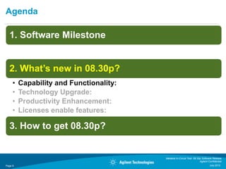 Agenda

  1. Software Milestone


  2. What’s new in 08.30p?
     •   Capability and Functionality:
     •   Technology Upgrade:
     •   Productivity Enhancement:
     •   Licenses enable features:

  3. How to get 08.30p?


                                         Medalist In-Circuit Test 08.30p Software Release
                                                                       Agilent Confidential
Page 9                                                                          July 2012
 