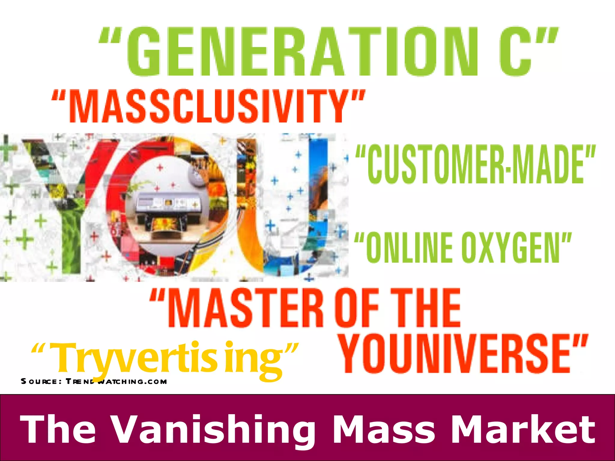 The Vanishing Mass Market Source: Trendwatching.com “ Tryvertising” 