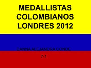 MEDALLISTAS
COLOMBIANOS
LONDRES 2012

DANNA ALEJANDRA CONDE
         7-1
 